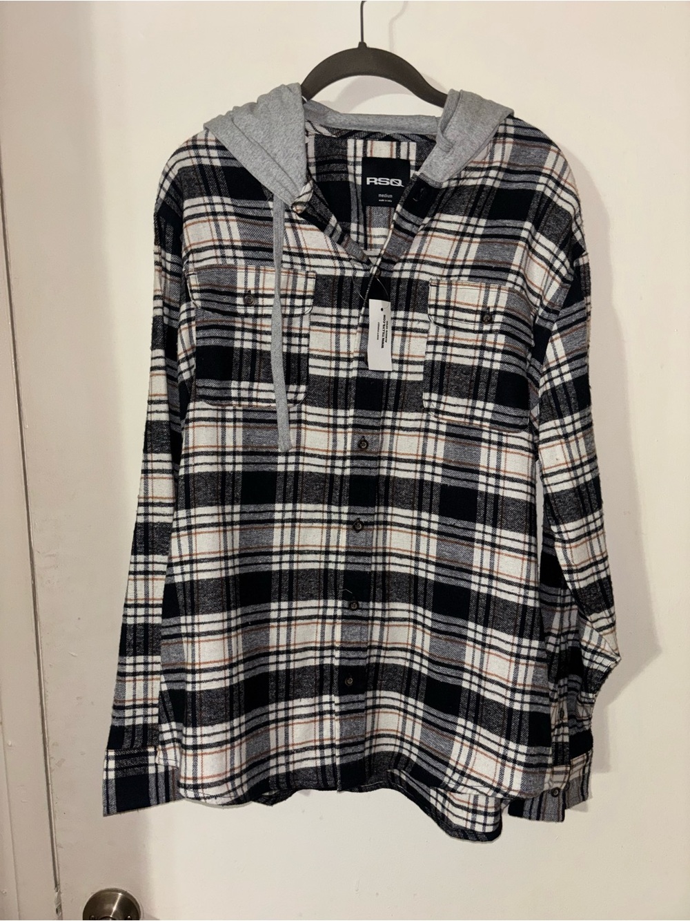 RSQ Black White Gray Plaid Hooded Shacket